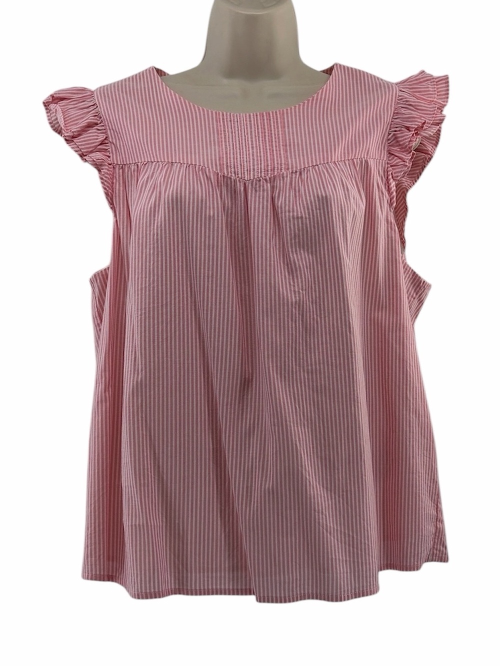J.Crew Women’s Pink Striped Ruffle Trim Pleated Sleeve Summer Top Size L